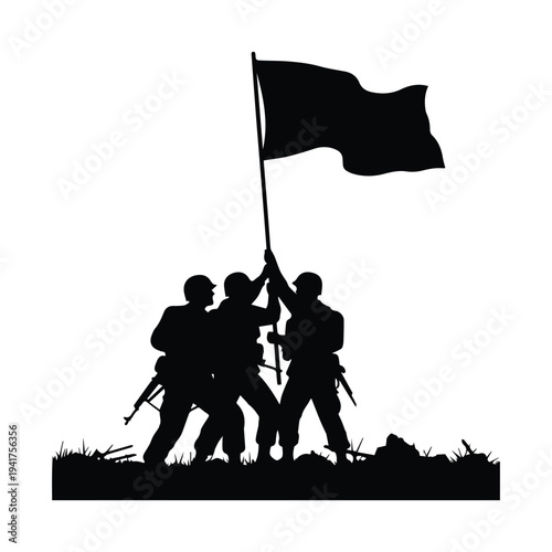 Soldiers raising flag in victorious moment on battlefield