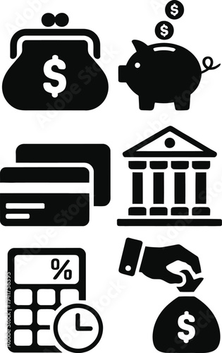 Essential icons representing various financial and banking services