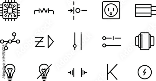 Set of 16 black line electrical and electronic component icons including resistor, capacitor, transistor, microchip, switch, battery, light bulb, and circuit symbols