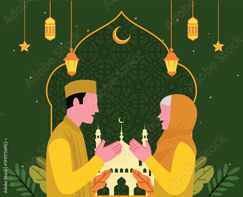 Muslim couple in Islamic attire with a mosque mosque silhouette in the background. Muslim couple shaking hands with Islamic ornaments in the background