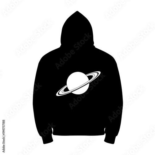 Black Hoodie with Saturn Design Isolated on White Background.
