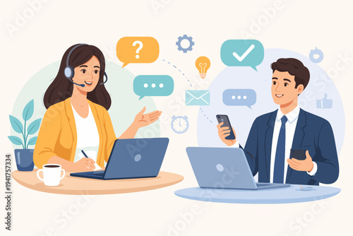 Professional female customer service agent with headset assisting a businessman online via laptop and phone, featuring communication icons like question marks and lightbulbs. Flat vector art.