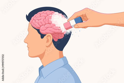 Vector Illustration of a Hand Erasing Part of a Human Brain in a Man's Head, Representing Memory Loss, Alzheimer's Disease, Dementia, Cognitive Decline, Forgetting, and Mental Health Concepts