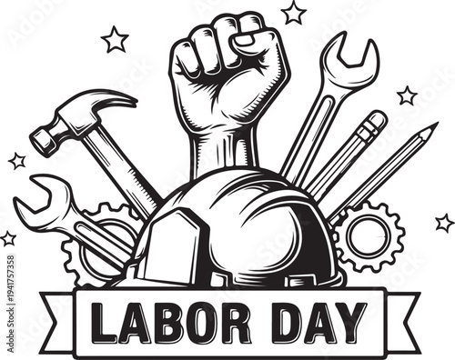 Labor Day worker illustration with raised fist, safety helmet, hammer, wrench, pencil and gear symbolizing strength and worker solidarity