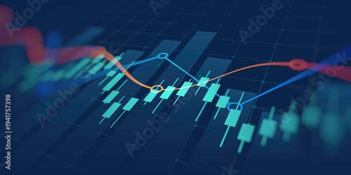 Tableau sur toile financial chart with uptrend line candlestick graph in stock market on blue colo