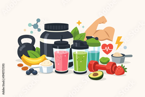 Flat vector illustration of sports nutrition supplements including protein powder jars, shaker bottles with colorful smoothies, dumbbells, kettlebell, fresh fruits, and a muscular arm icon.