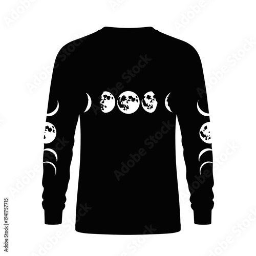 Black long sleeve shirt featuring a white moon phase design, unique style.