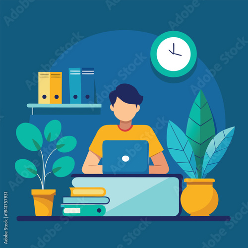  Student studying online with a laptop, digital education flat modern vector illustration