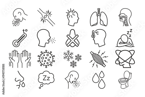 Respiratory sickness and pneumonia symptom line icon bundle showing flu fever cough and viral infection vector illustration