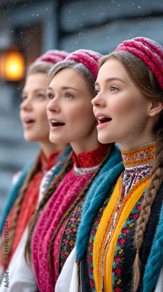 Fototapeta premium Traditional carolers singing at doorstep in winter scene with snowfall for holiday celebration