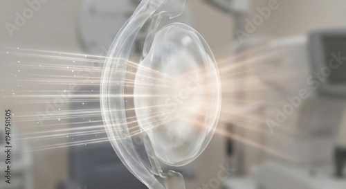 Human eye lens with cataract clouding and light rays