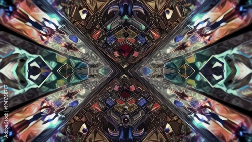 Vibrant Abstract Kaleidoscope Pattern with Symmetrical Geometric Shapes and Rich Colors.