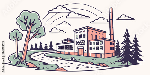 A factory building with a chimney and trees on a green hill with a winding road leading to it on a sunny day with clouds