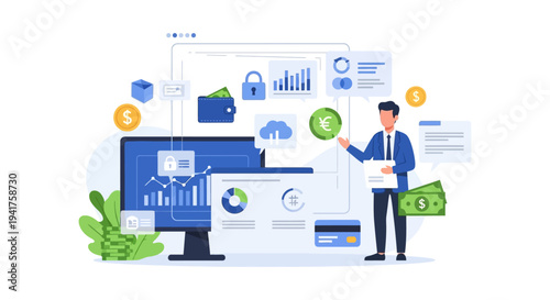 FinTech Business Consultant Analyzing Secure Digital Finance, Online Banking, Investment Data, and Transaction Management Dashboard Illustration