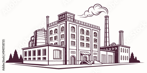 A large industrial building with smokestacks and a factory complex