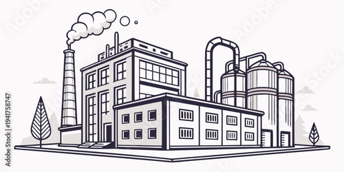 A black and white illustration of an industrial complex with smokestack and factory buildings