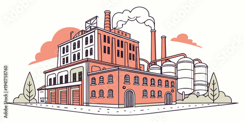 A large industrial building with smokestacks and silos on a with trees and clouds