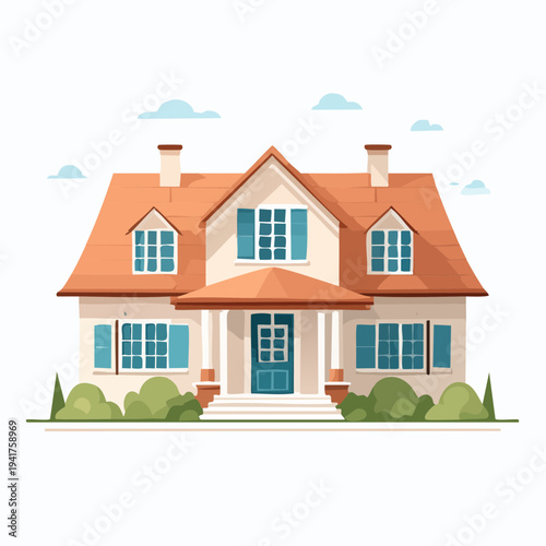 Charming Suburban House with Red Tile Roof and Lush Green Landscaping