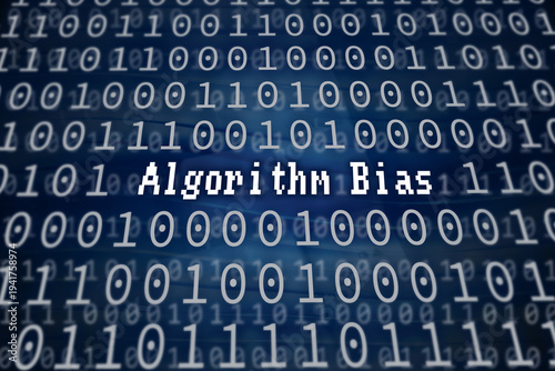 Cuadro en lienzo Digital ethics concept showing a pixelated Algorithm Bias title over a blue binary background with skewed data scales and unevenly weighted neural network connections