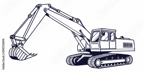 A black line drawing of an excavator on a, showing its arm and bucket extended