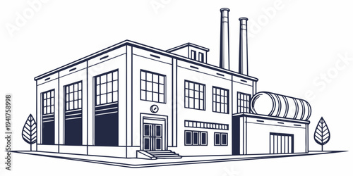 A black and white line drawing of a large industrial building with smokestacks and trees on either side