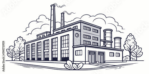 A black and white line drawing of a factory building with smokestacks and trees