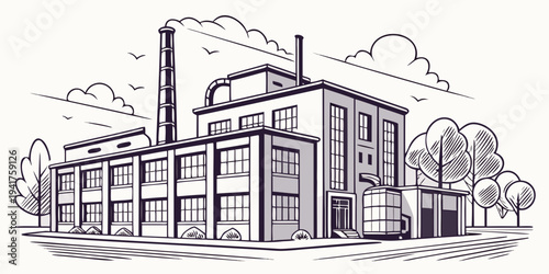 A large industrial building with a smokestack and trees on a in a line drawing style