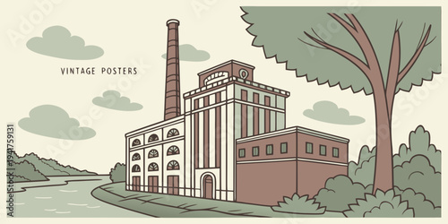Vintage illustration of an old industrial building with a smokestack and tree