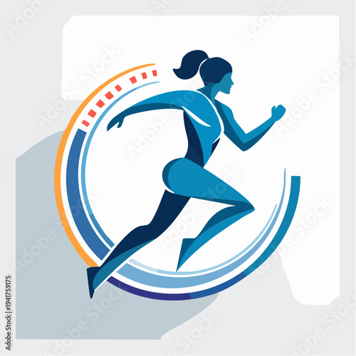 Stylized graphic of a woman runner in action, symbolizing athleticism, rapid progress, and peak physical condition