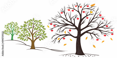 Two trees in different seasons with one having green leaves and the other with autumn colors and falling leaves