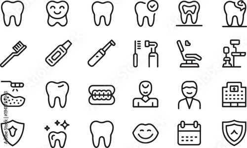 Black and white dental set with teeth, tools, and professionals toothbrush