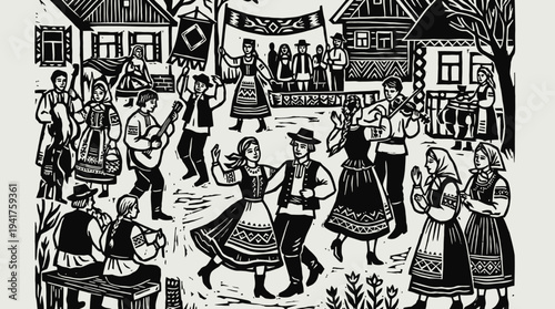 Traditional Village Folk Festival Linocut Illustration with People Dancing and Playing Music in Ethnic Costumes
