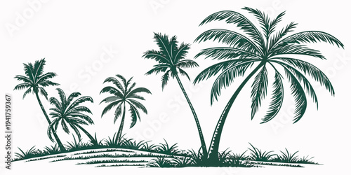 A serene tropical island scene with several palm trees