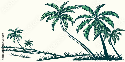 Tropical island landscape with palm trees serene beach scene with green foliage and grassy terrain
