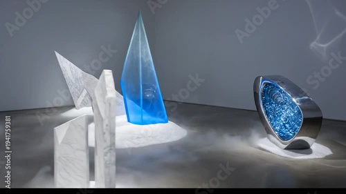 Modern Art Installation Featuring Ice Sculptures and Blue Light.