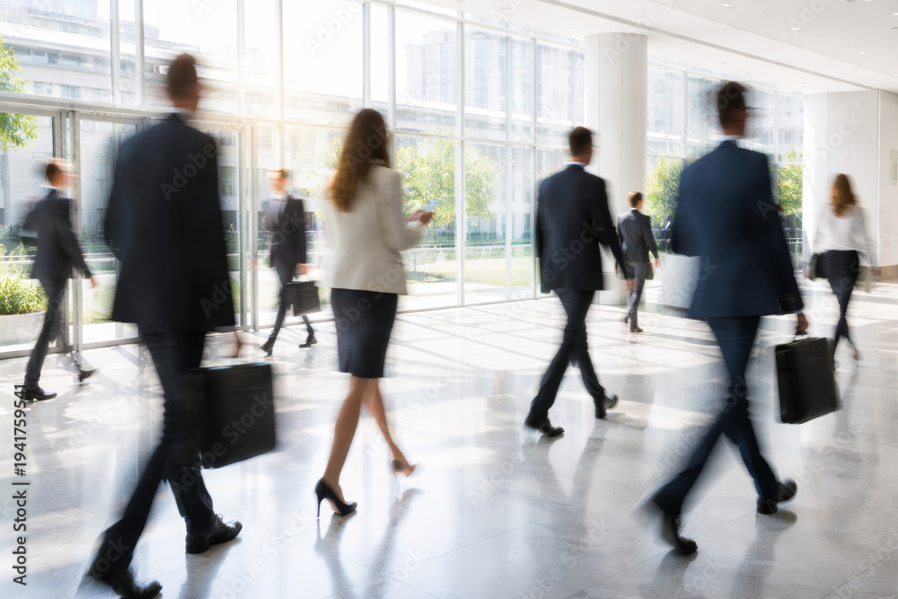 Fototapeta premium Busy professionals walking through modern office building lobby