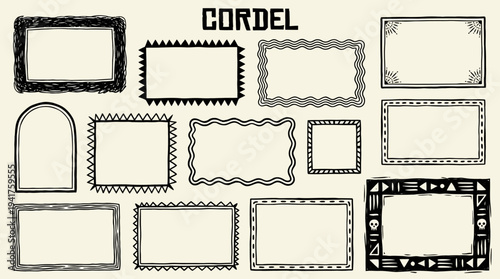 Hand-Drawn Cordel Style Frames and Borders Collection with Woodcut Inspired Rustic Decorative Edges and Folk Art Elements