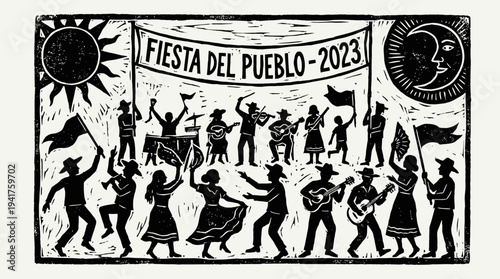Mexican Folk Art Style Linocut of Fiesta del Pueblo 2023 Traditional Community Celebration with Musicians and Dancers