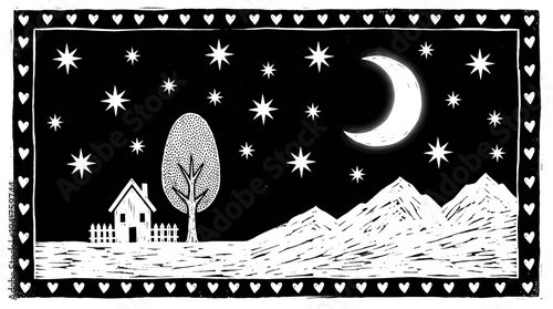 Linocut Style Night Landscape Illustration with House, Mountains, Crescent Moon and Stars in Black and White