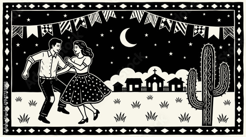 Brazilian Folk Art Illustration in Cordel Woodcut Style Depicting a Couple Dancing in a Rural Sertao Night Landscape with Cactus and Village Church