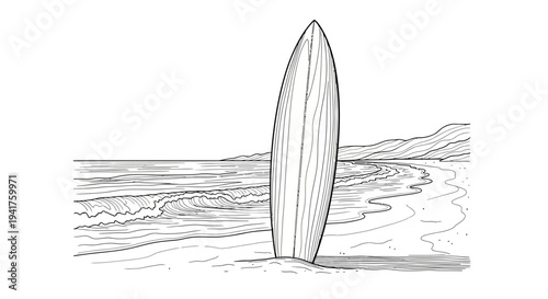 A detailed black and white line art illustration of a surfboard standing upright on a sandy beach.