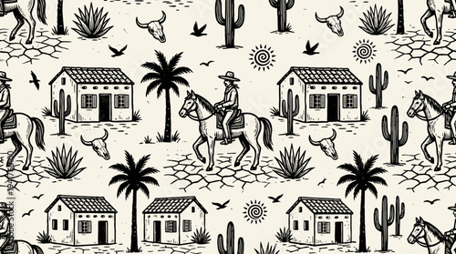 Mexican Desert Landscape Seamless Pattern with Cowboy on Horse, Adobe Houses, Cacti, and Sun in Vintage Woodcut Style Illustration
