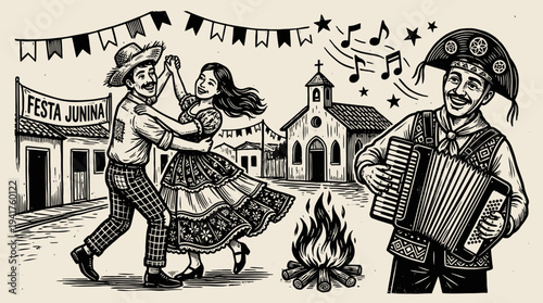 Traditional Festa Junina Woodcut Illustration with Dancing Couple, Accordion Player, and Bonfire in Brazilian Cordel Art Style