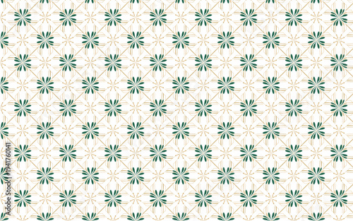 Elegant seamless geometric floral pattern with green blossoms and gold lattice.