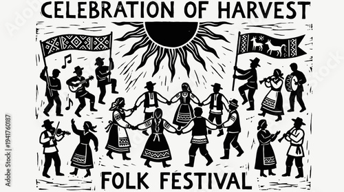 Traditional Folk Festival Harvest Celebration Linocut Illustration Featuring Dancing People, Musicians, and Sun in Woodcut Style