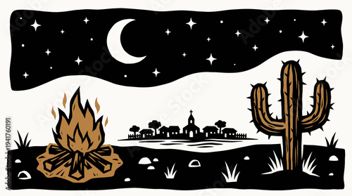 Stylized Woodcut Illustration of a Desert Night Scene with a Glowing Campfire, Saguaro Cactus, and a Small Village Silhouette under a Crescent Moon and Stars