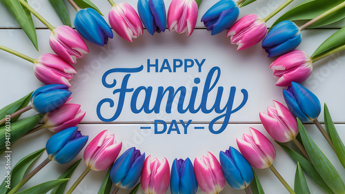 Colorful macarons arranged in a heart shape with a happy family day message