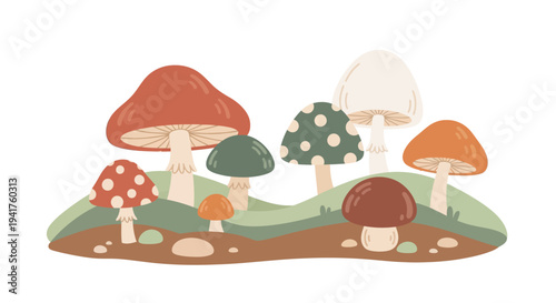 A whimsical collection of colorful mushrooms growing on a gentle hill.