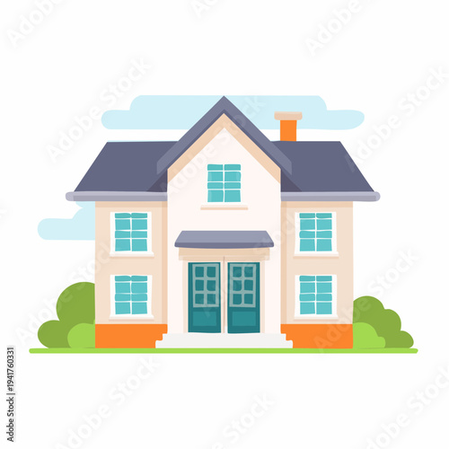 Illustration of a two-story house with a pitched roof and multiple windows