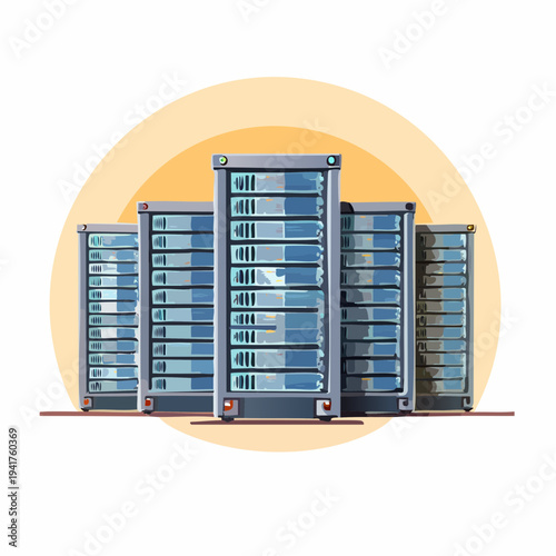 Server rack cluster for data storage and computing power, digital technology concept